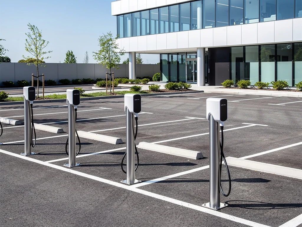 Rangée de bornes sur pied sur le parking d'une entreprise, places matérialisées au sol